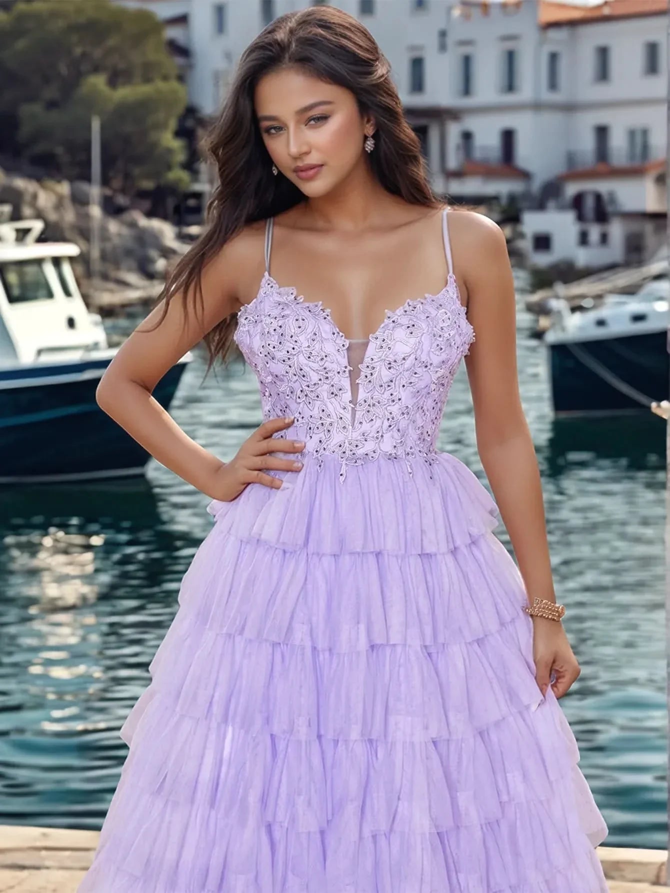 Lace Embroidery Spaghetti Strap Layered Ball Gown Prom Dress