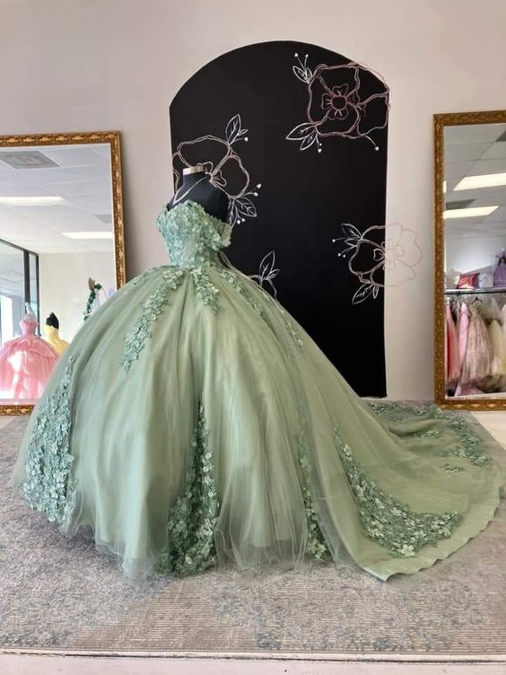 Vestido de fiesta verde salvia con apliques de encaje y hombros descubiertos, vestido para quinceañeras Y2028