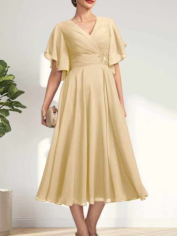 A-line V-Neck Tea-Length Chiffon Mother of the Bride Dress With Pleated Beading