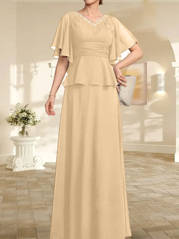 A-Linien-Kleid aus Chiffon mit V-Ausschnitt und bodenlangem Schnitt für die Brautmutter mit plissierten Perlen