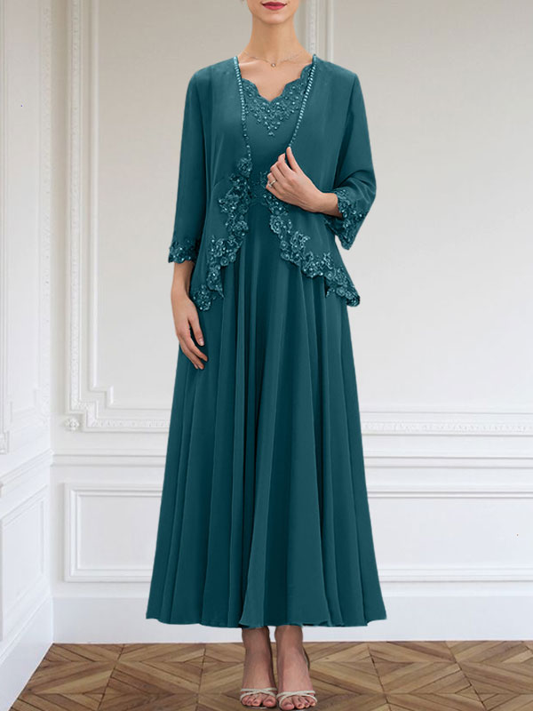 A-line V-Neck Ankle-Length Chiffon Mother of the Bride Dress With Sequins Appliques Lace Beading