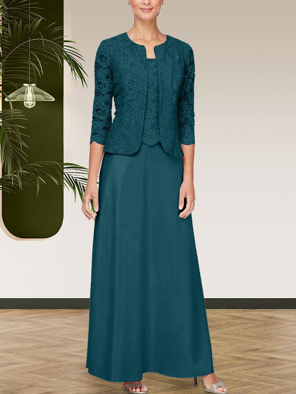 Jackenkleid aus Glitzerspitze und Satinrock mit offener Jacke