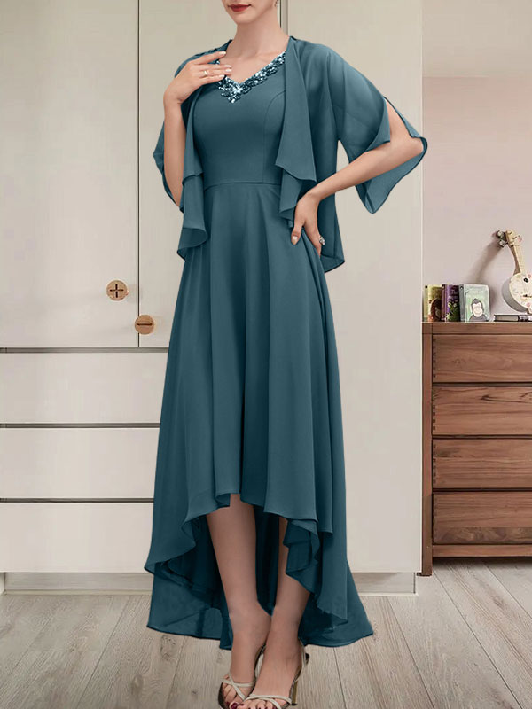A-Linien-Kleid mit V-Ausschnitt, asymmetrischem Chiffon für die Brautmutter mit Perlen und Pailletten