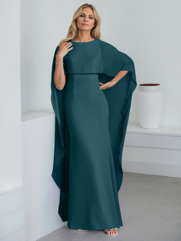 Bodenlanges Etui-Kleid aus Chiffon mit U-Ausschnitt und kaskadierenden Rüschen