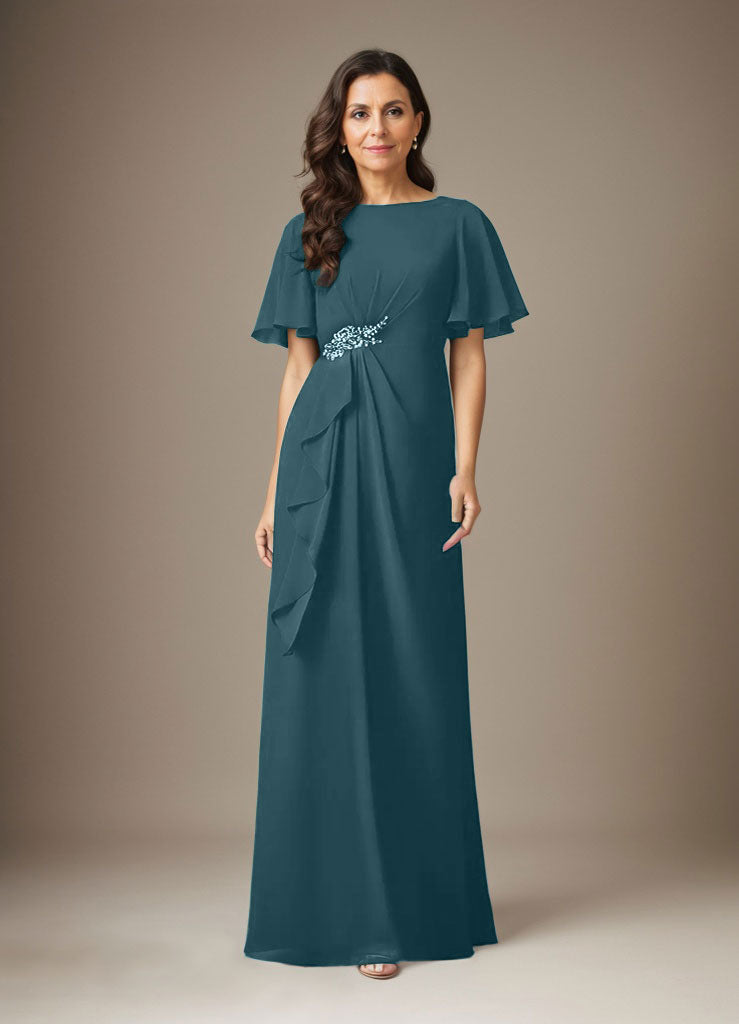 Dunkelmarineblaues Etuikleid aus Chiffon mit Perlen