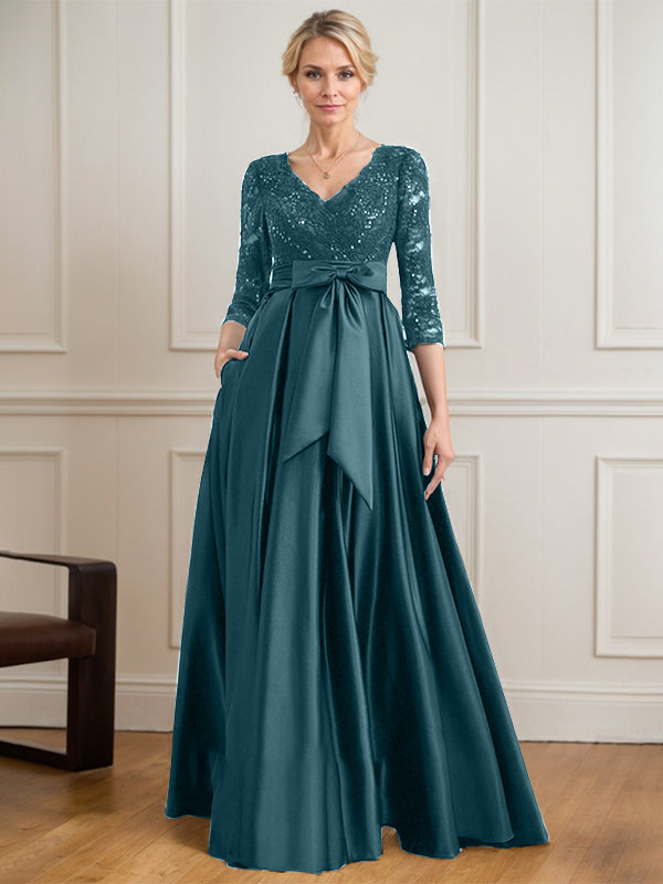 A-Linie V-Ausschnitt Bodenlanges Satin-Spitzenkleid für die Brautmutter mit Paillettenschleife