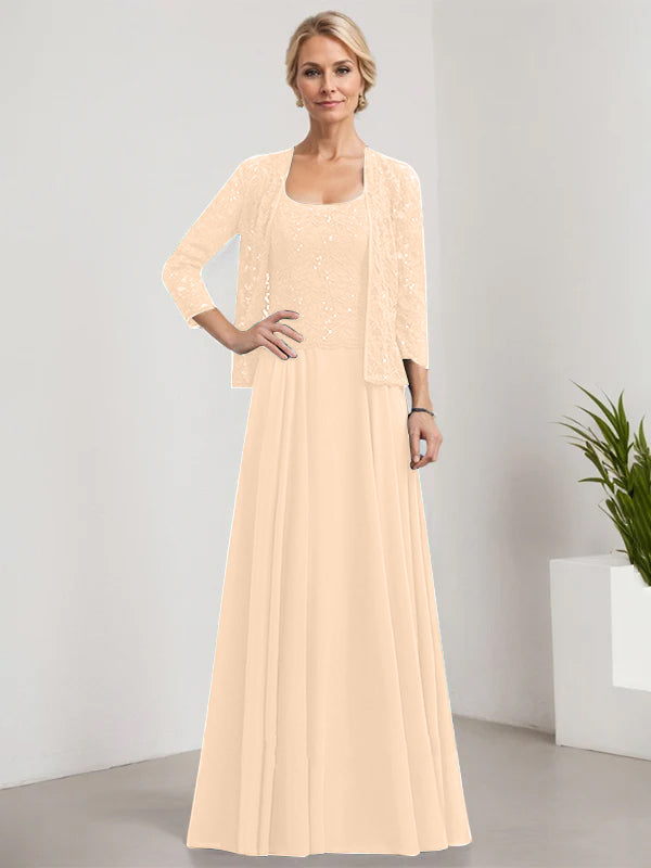 A-Linie Quadratisches Bodenlanges Spitzen-Chiffon-Kleid für die Brautmutter mit Pailletten