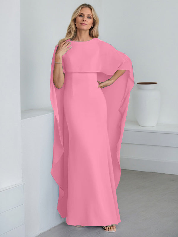 Bodenlanges Etui-Kleid aus Chiffon mit U-Ausschnitt und kaskadierenden Rüschen