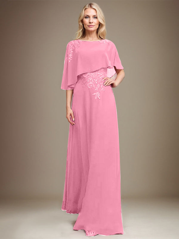 A-Linie U-Ausschnitt Bodenlang Chiffon Spitze Kleid für die Brautmutter mit Pailletten und Perlen