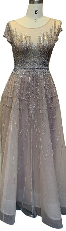 Vestido de noche rosa de lujo con cuentas brillantes, corte A, Dubái 2025, cuello redondo, mangas cortas, vestido formal LA70580