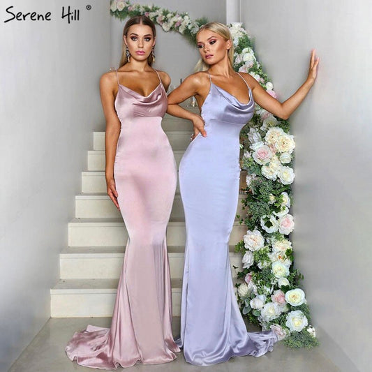Vestidos de dama de honor de sirena sin mangas, en rosa y azul, con escote cruzado, espalda descubierta, sexys y sencillos, en oferta, sin devoluciones ni reembolsos, 2025, LA70393