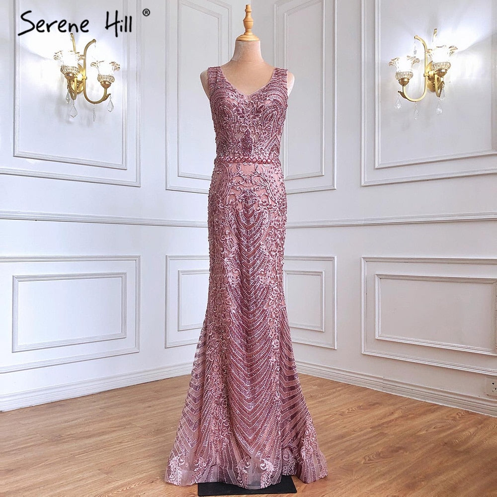 Vestidos de noche de lujo con encaje rosa y cuentas, estilo sirena, elegantes y sexys, para mujer, para fiesta, LA70596