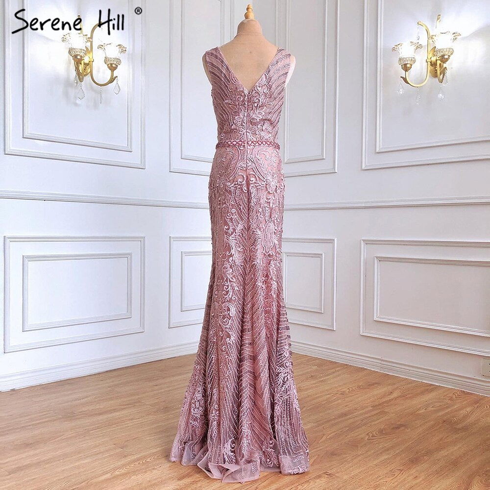 Vestidos de noche de lujo con encaje rosa y cuentas, estilo sirena, elegantes y sexys, para mujer, para fiesta, LA70596