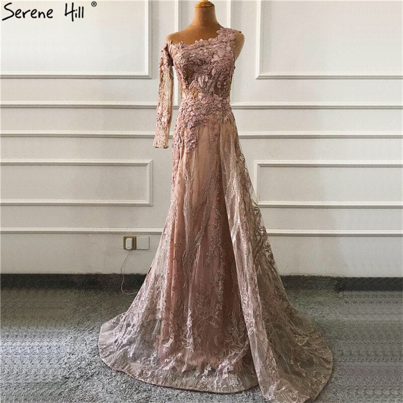 Vestido de noche sexy con cuentas rosas y diamantes, foto real, corte sirena, un hombro, vestido formal 2025 LA60999