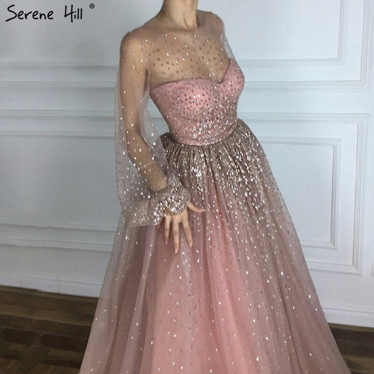 En oferta, sin devolución ni reembolso, vestido de noche sexy de corte A con mangas largas y purpurina rosa, cuello redondo, vestido de noche de tul a la moda 2025, foto real LA6344