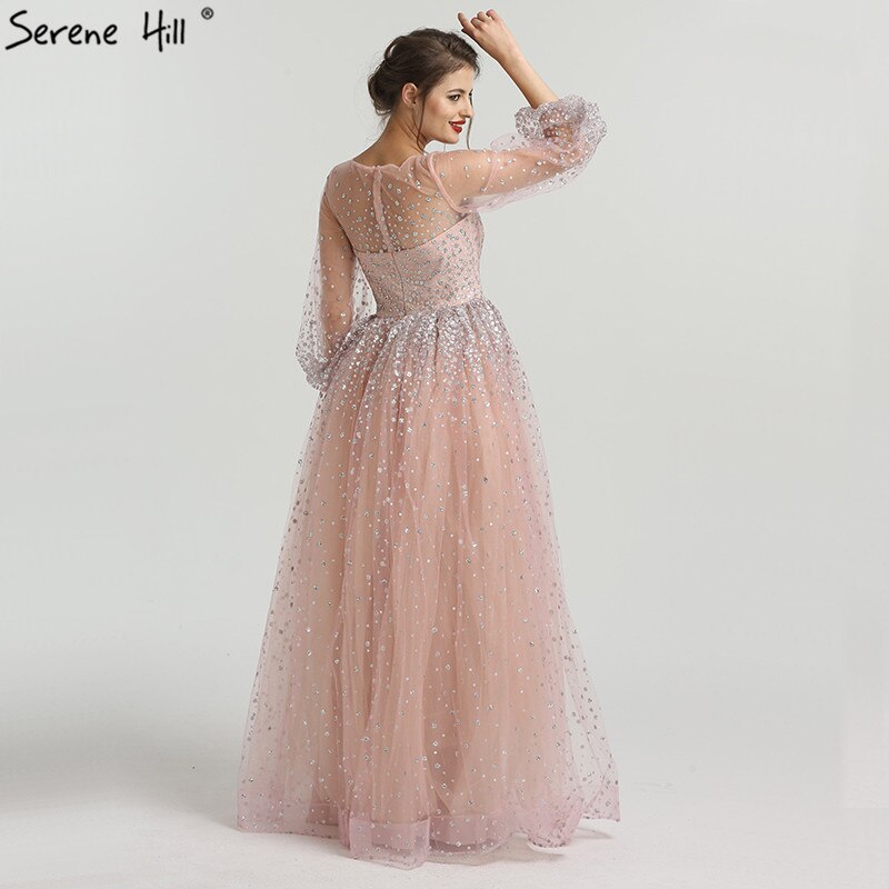 En oferta, sin devolución ni reembolso, vestido de noche sexy de corte A con mangas largas y purpurina rosa, cuello redondo, vestido de noche de tul a la moda 2025, foto real LA6344