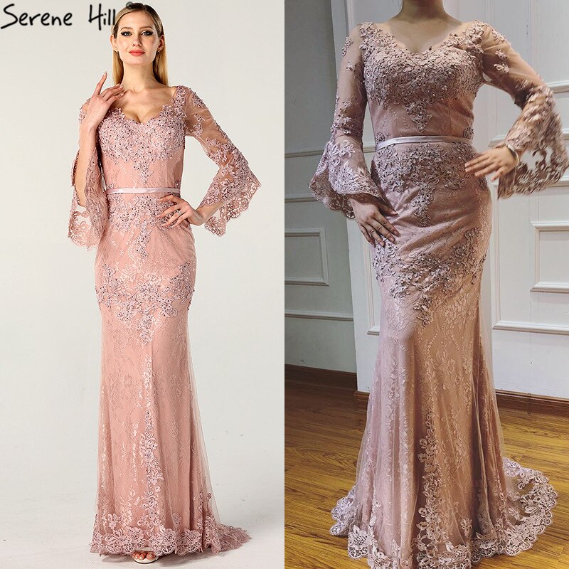 En oferta, sin devolución ni reembolso. Vestido de noche rosa con encaje y diamantes, mangas largas y escote en V, sexy, para mujer, 2025, LA60710.