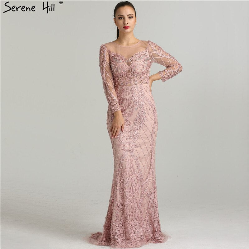 En oferta, sin devolución ni reembolso, vestido de noche rosa con mangas largas y perlas de cristal, vestido de noche formal elegante y sexy de sirena 2025 LA6274, talla grande