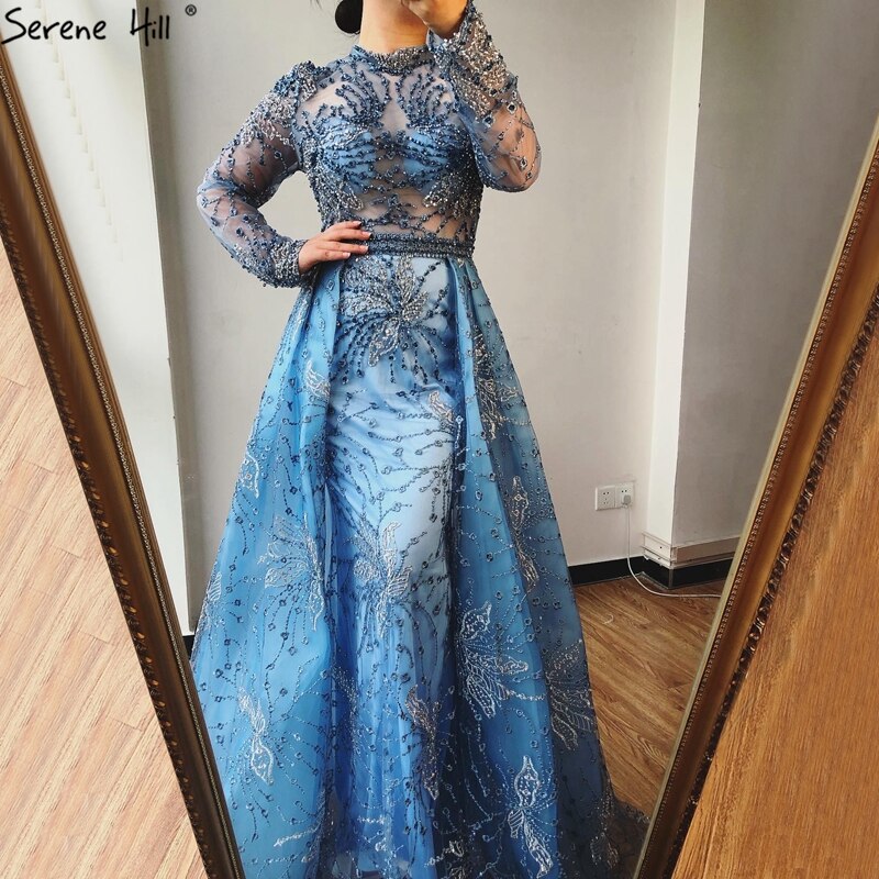 Vestido de noche de sirena rosa con cristales y mangas largas 2025, estilo Dubái, cuello alto, brillante, LA70582