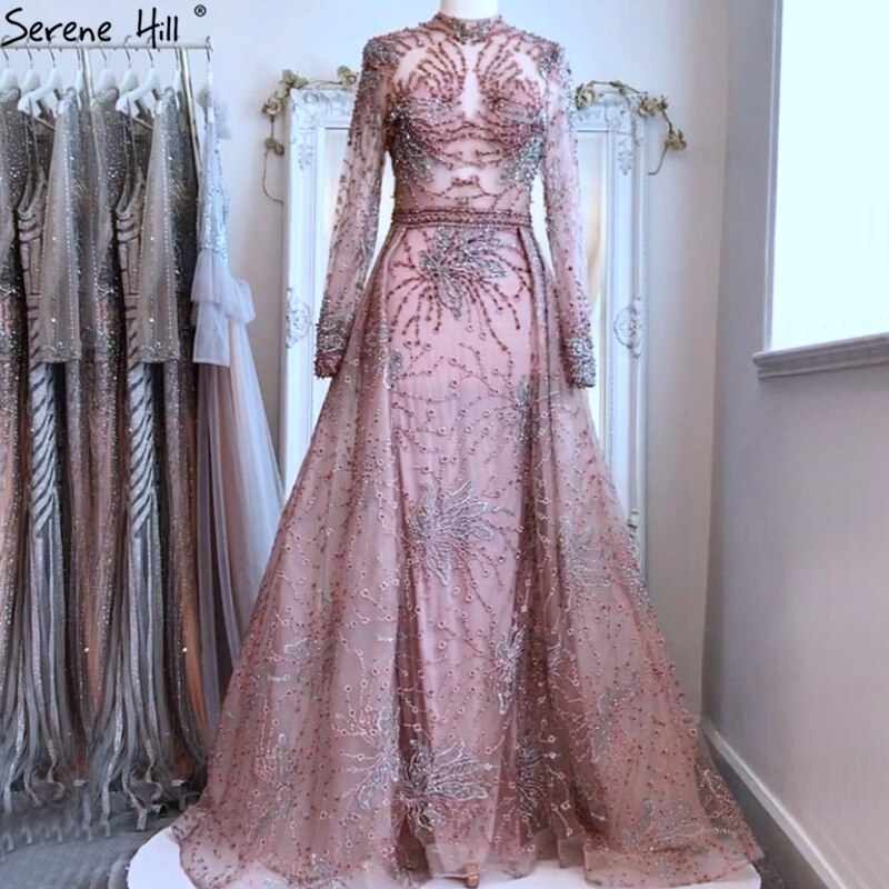 Vestido de noche de sirena rosa con cristales y mangas largas 2025, estilo Dubái, cuello alto, brillante, LA70582