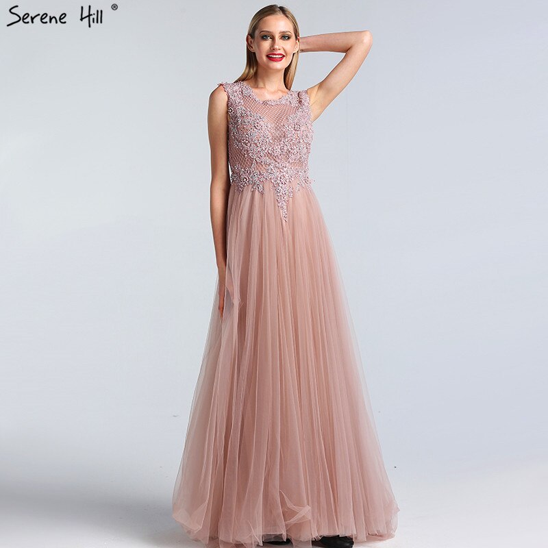 Vestido de noche sexy de tul rosa con escote redondo, perlas y cristales, corte A, sin mangas, 2025 LA60981