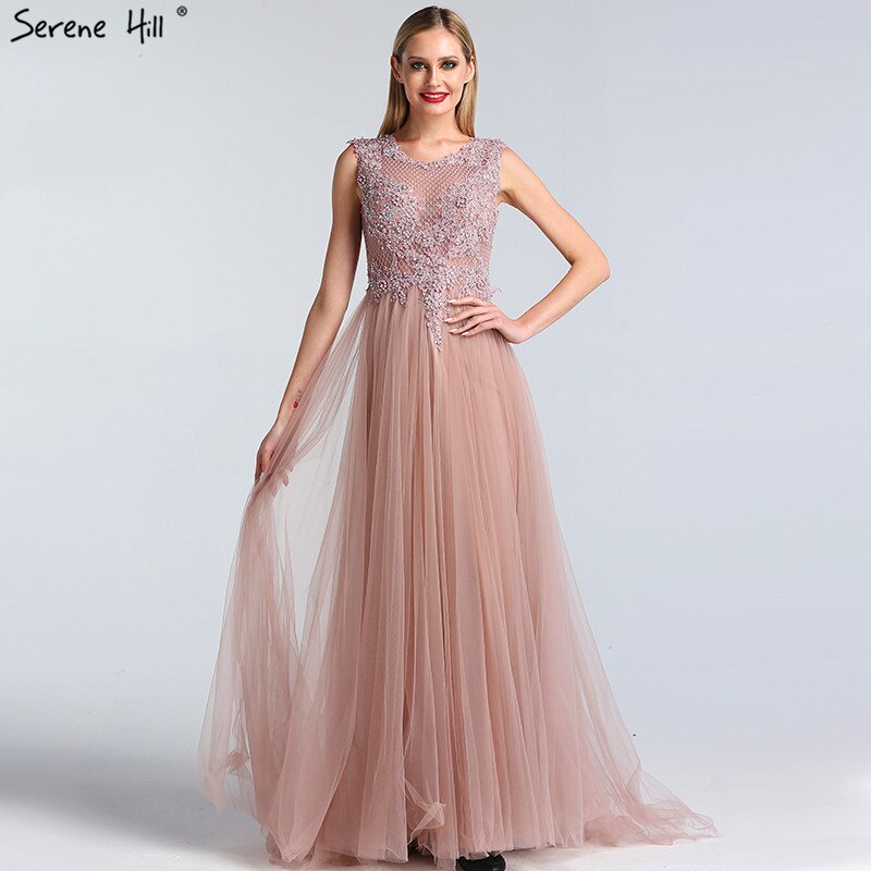 Vestido de noche sexy de tul rosa con escote redondo, perlas y cristales, corte A, sin mangas, 2025 LA60981