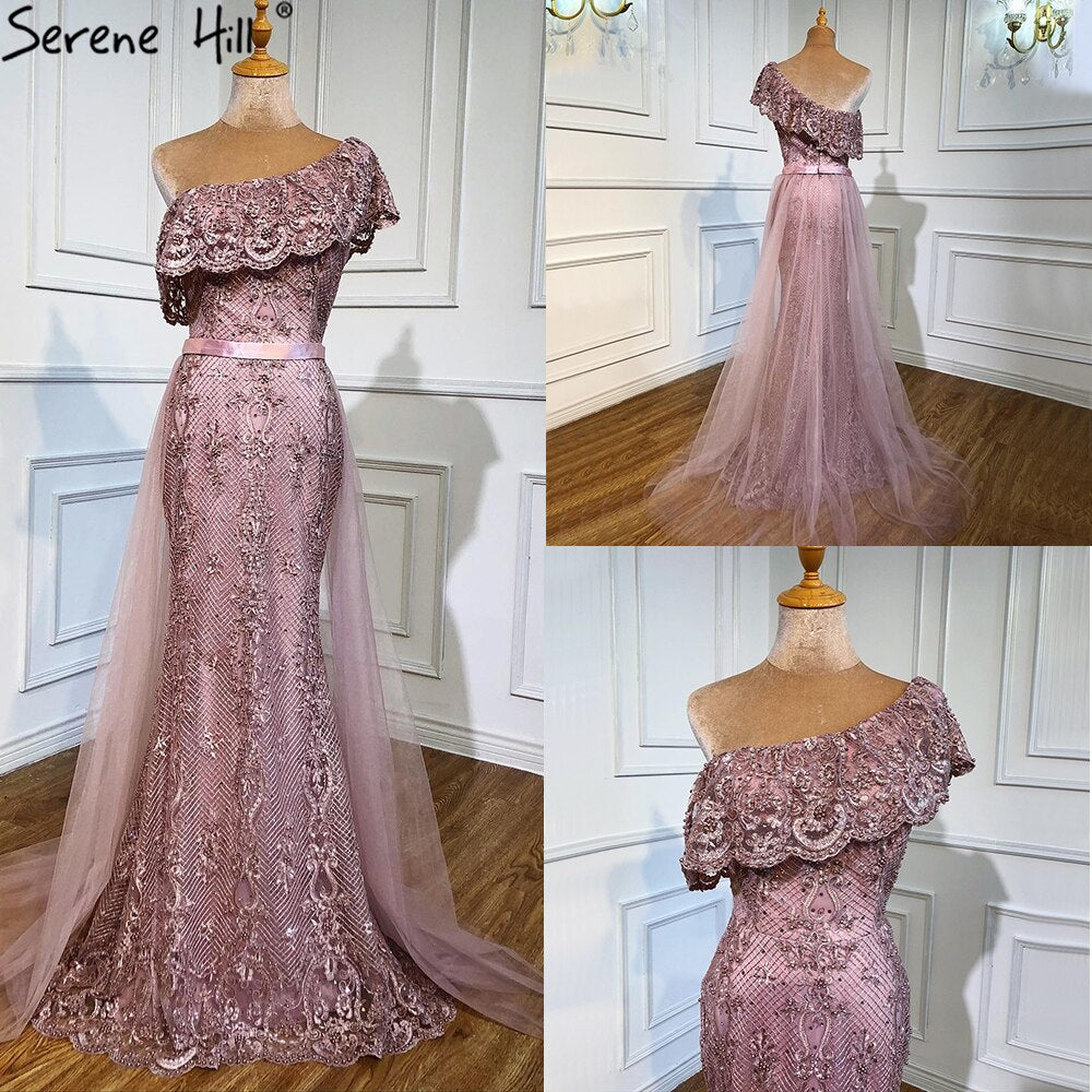 Vestido de noche sexy de sirena con un solo hombro en rosa, encaje, perlas y lentejuelas, elegante vestido formal LA70386