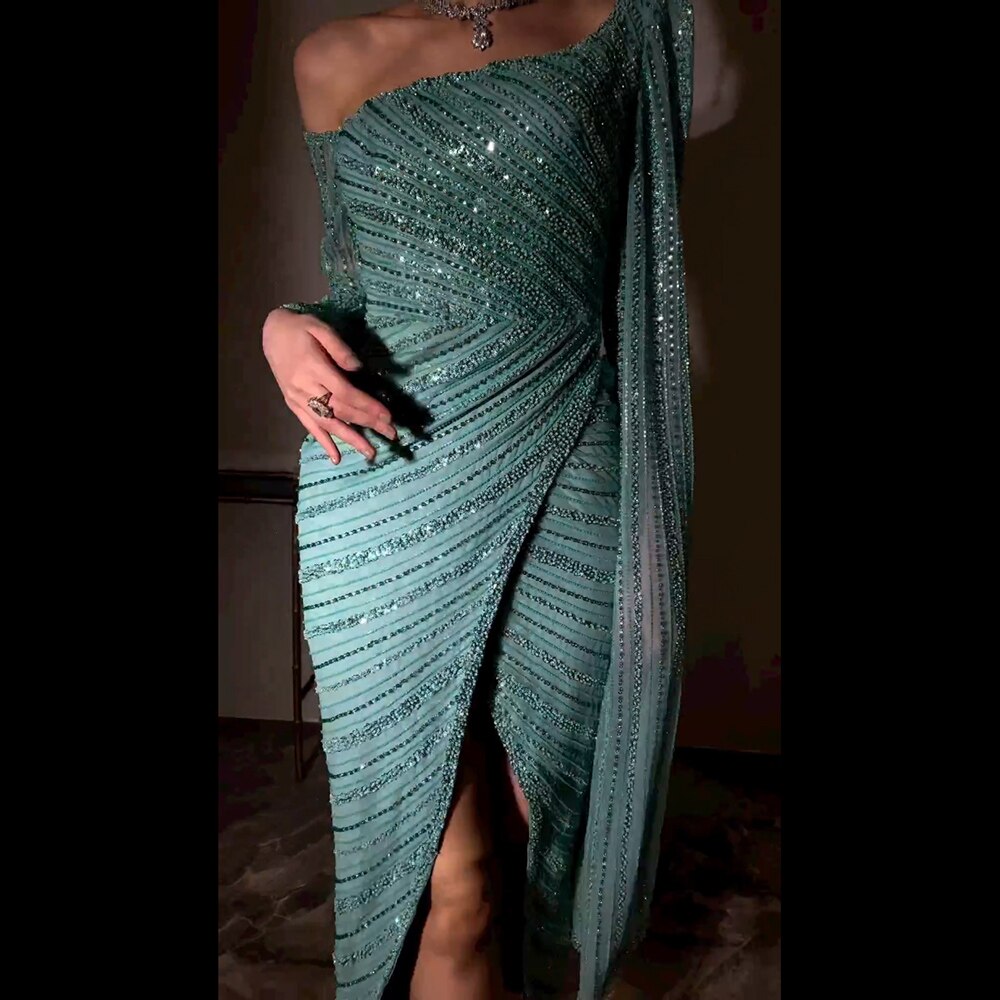 Vestido de noche rosa con escote sirena y un hombro, abertura y cuentas, sexy, para mujer, 2025, LA72115