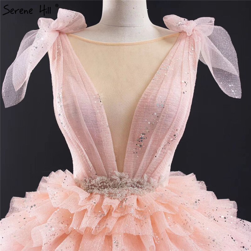 Vestidos de novia sexys con capas, sin mangas y lazo en color rosa, 2025, con lentejuelas y encaje brillante, HM67033, hechos a medida