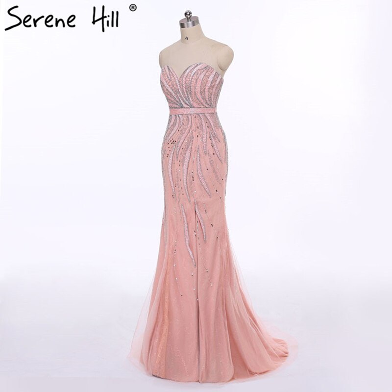 En oferta, sin devolución ni reembolso. Vestido de noche rosa sin tirantes, estilo sirena, sexy, largo, con cuentas, elegante, de tul, 2025 LA6389.