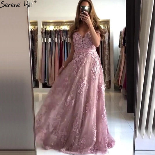 En oferta, sin devolución ni reembolso. Oferta, vestidos de noche rosas con escote en forma de A, sexys, con encaje, flores, perlas y hombros descubiertos, LA70180.
