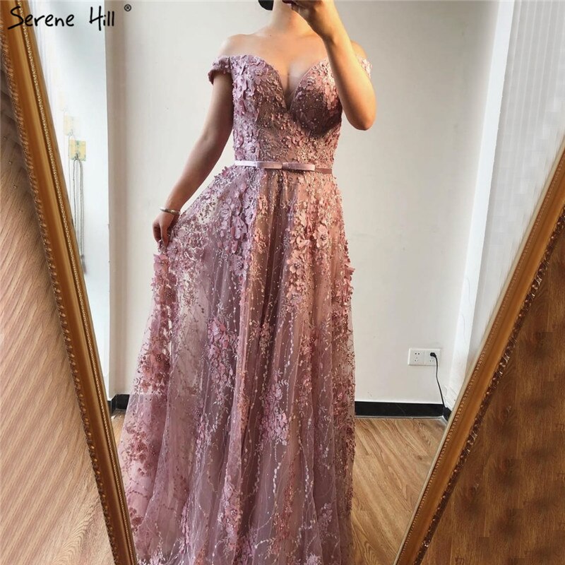 En oferta, sin devolución ni reembolso. Oferta, vestidos de noche rosas con escote en forma de A, sexys, con encaje, flores, perlas y hombros descubiertos, LA70180.