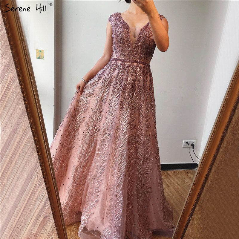 Pink V-Neck Evening Dresses Long 2025 Lace Beading Crystal Sleeveless A-Line Evening Gowns LA70225