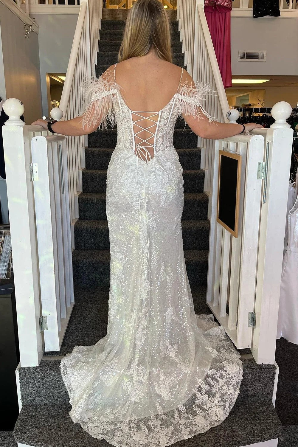 Pink Appliques Mermaid Split Prom Dress with Feathers PSK498