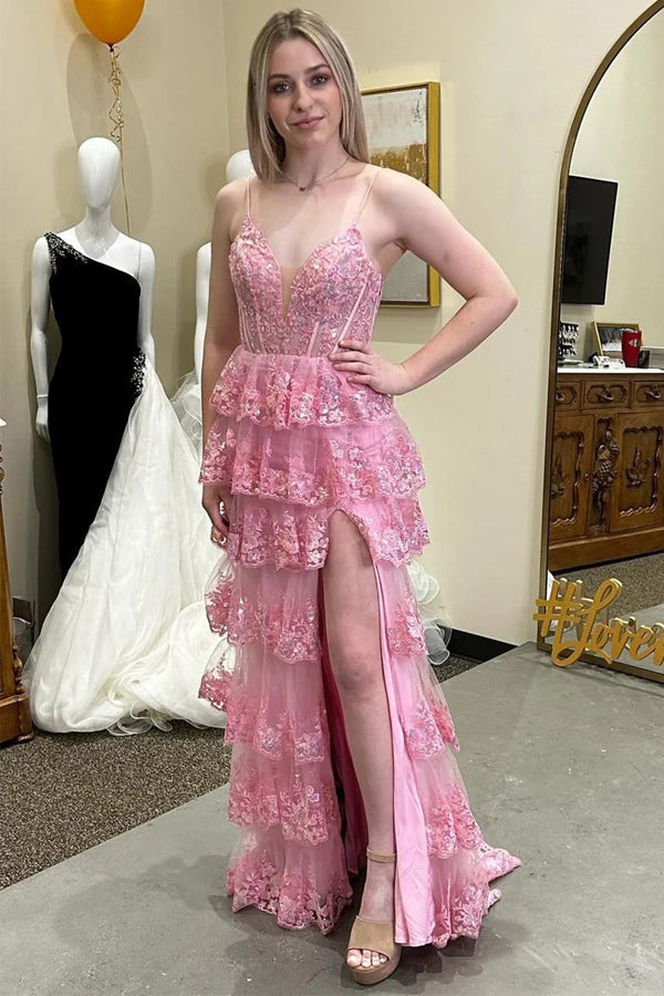 Pink Glitter Lace Appliques Ruffle Tiered Long Dress with Slit PSK499