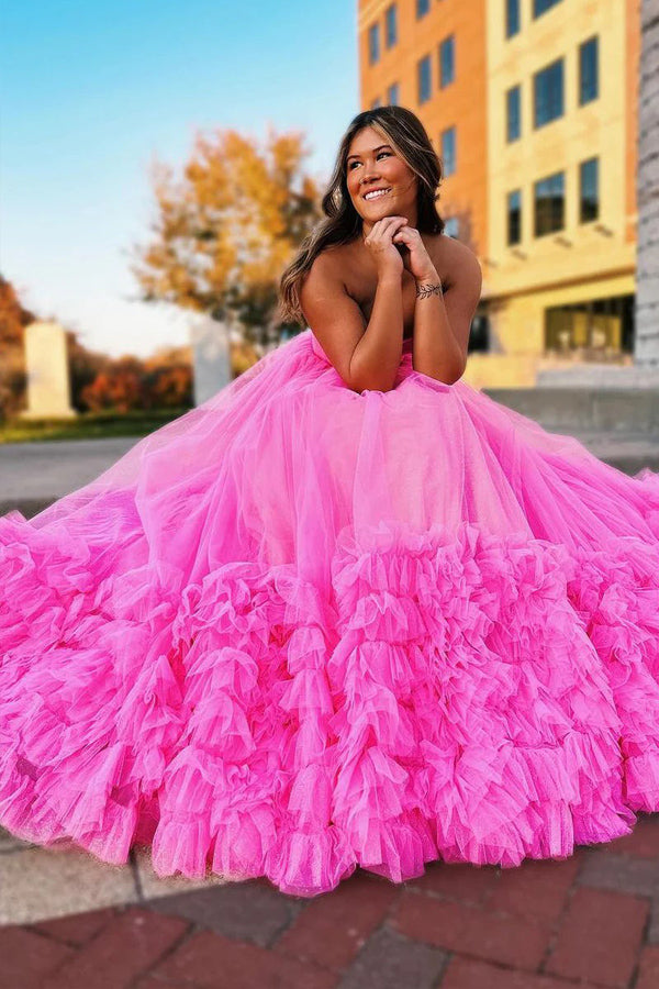 Pink Sweetheart Tulle Long Prom Dresses Princess Dresses