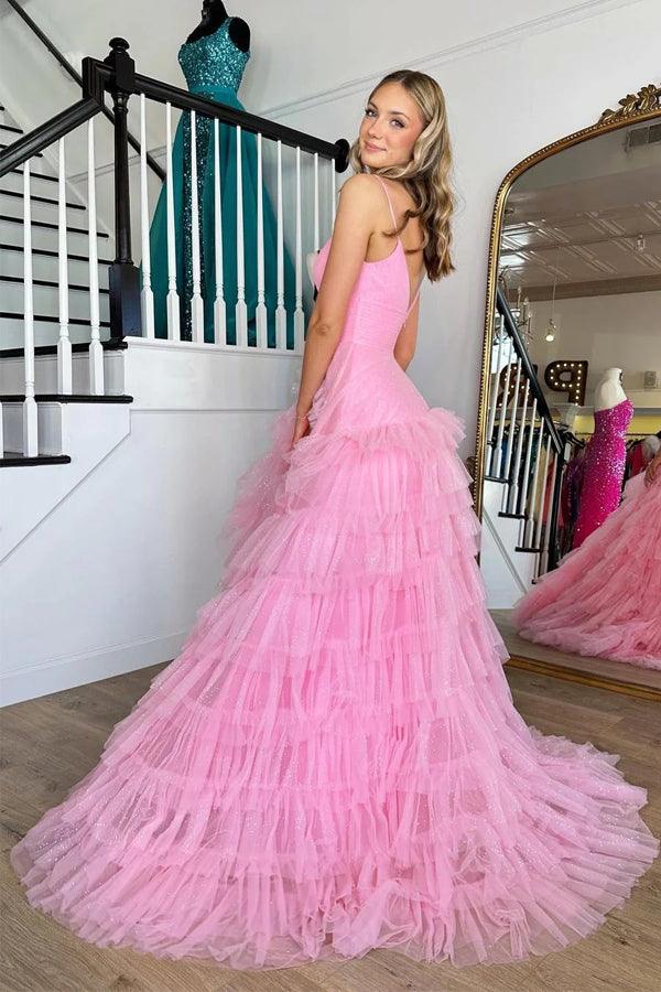 Pink V-Neck Empire Waist Tiered Long Prom Dress with Ruffles PSK409