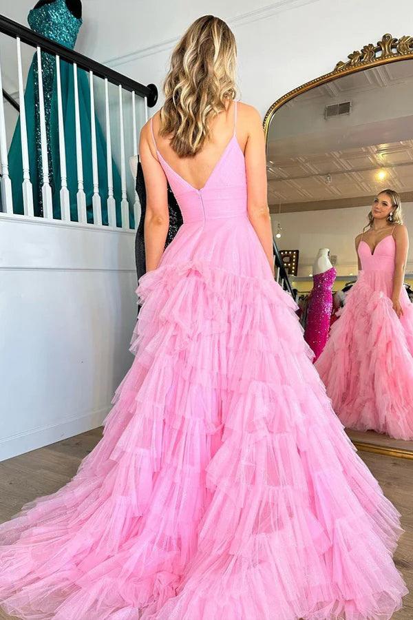 Pink V-Neck Empire Waist Tiered Long Prom Dress with Ruffles