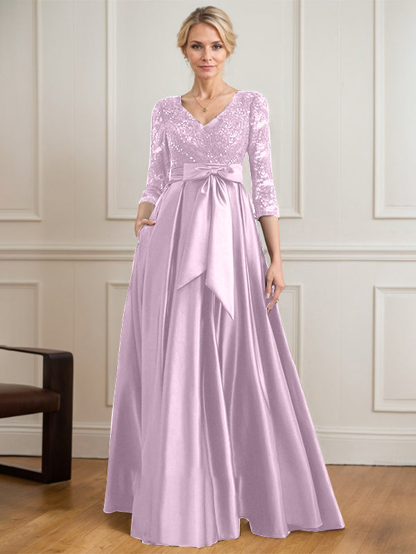 A-Linie V-Ausschnitt Bodenlanges Satin-Spitzenkleid für die Brautmutter mit Paillettenschleife