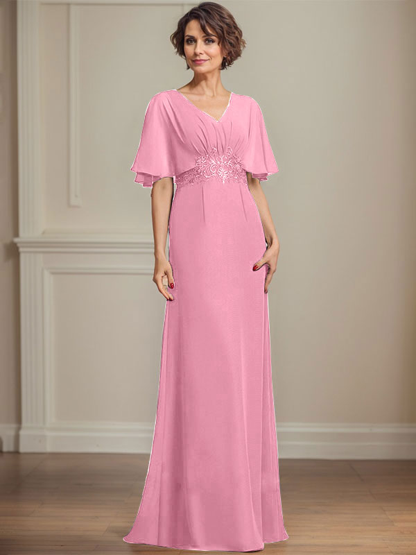 A-Linie V-Ausschnitt Bodenlanges Chiffonkleid für die Brautmutter mit plissierten Paillettenapplikationen Spitze