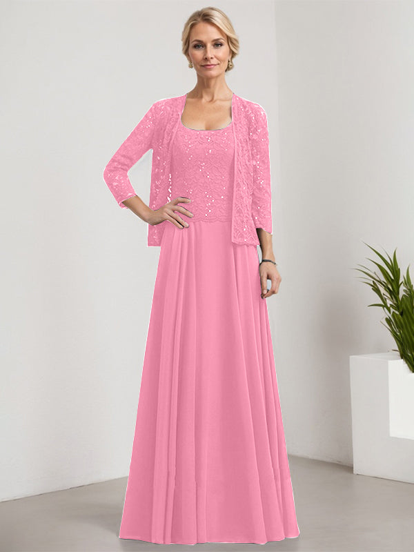 A-Linie Quadratisches Bodenlanges Spitzen-Chiffon-Kleid für die Brautmutter mit Pailletten
