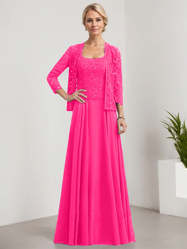 A-Linie Quadratisches Bodenlanges Spitzen-Chiffon-Kleid für die Brautmutter mit Pailletten