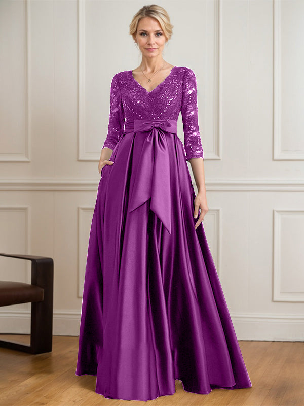 A-Linie V-Ausschnitt Bodenlanges Satin-Spitzenkleid für die Brautmutter mit Paillettenschleife
