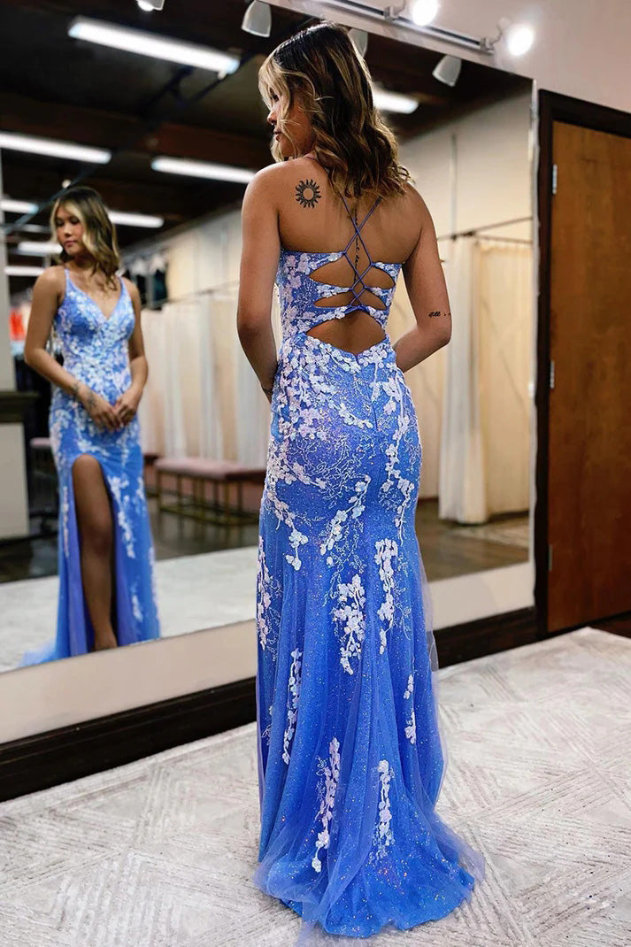 Plunging V-neck Lace Appliques Mermaid Prom Dress With Slit
