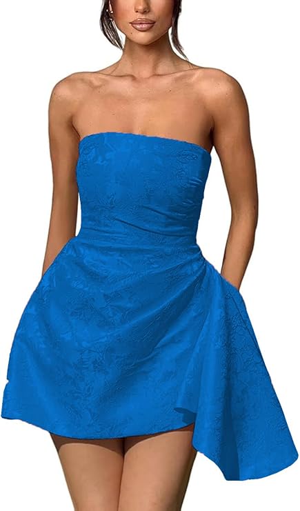 A-Linie, trägerlos, ärmellos, kurzes Heimkehrkleid, Jacquard-Satin, asymmetrisch, Partykleider mit Schnürung