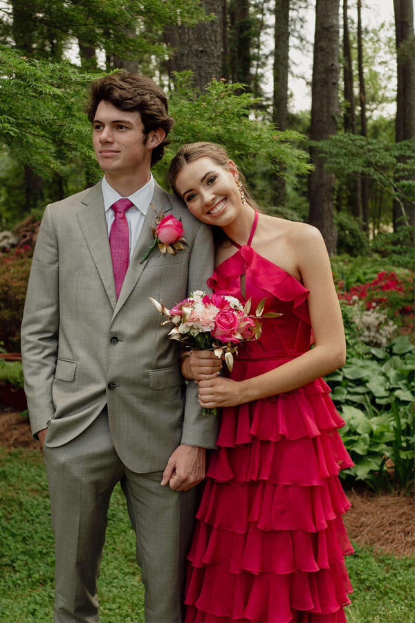 Pretty Halter Neck Ruffle Fuchsia Long Prom Dress PSK577