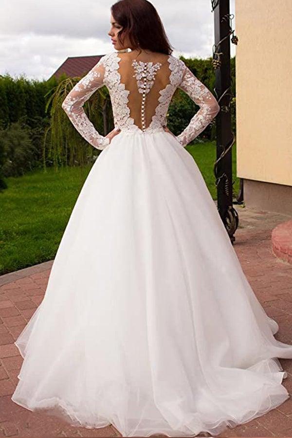 Princess A-Line V-Neck Tulle Ivory Long Sleeves Wedding Dresses WD181