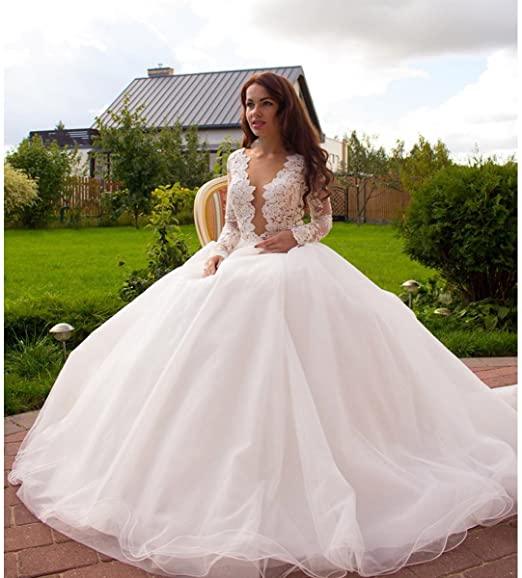 Princess A-Line V-Neck Tulle Ivory Long Sleeves Wedding Dresses WD181