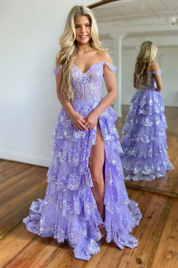 Superbe robe de bal de princesse violette à volants en dentelle PSK517