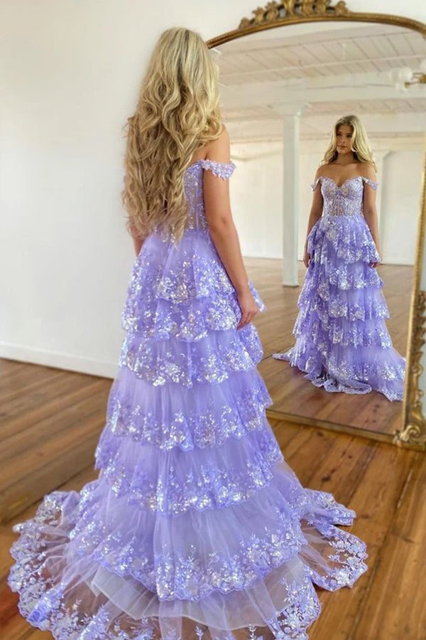 Superbe robe de bal de princesse violette à volants en dentelle PSK517